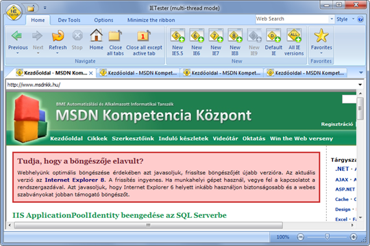 Az MSDN Kompetencia Központ honlapja IE 6 alatt IETesterben