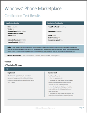 Marketplace certification test results