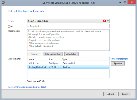 Visual Studio 2012 Feedback Tool